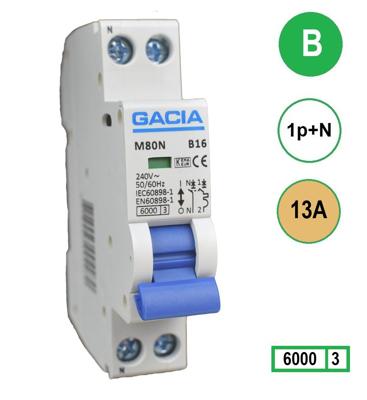 13A GACIA installatieautomaat M80N-B13 1p+n B13 6kA (18mm)