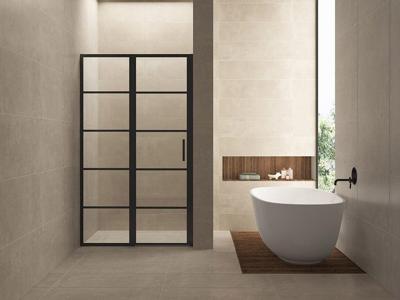 Wiesbaden Horizon nisdeur met vast deel en raster 1300 x 2000 x 8mm nano helder glas/mat zwart 20.3575