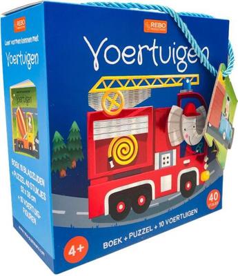 Rebo Publishers Boek, puzzel + 10 figuren - voertuigen