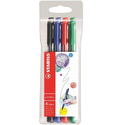 STABILO pointMax schrijfstift, 0,8 mm, etui van 4 stuks in geassorteerde standaard kleuren