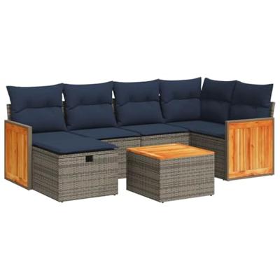 7-delige Loungeset met kussens poly rattan grijs