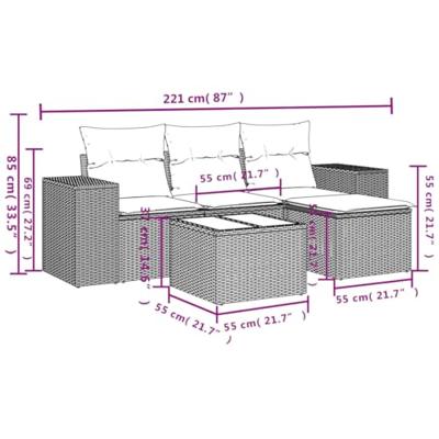 5-delige Loungeset met kussens poly rattan bruin