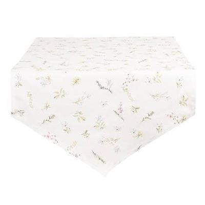 Clayre & Eef Tafelloper 50x160 cm Wit Roze Katoen Bloemen Tafelkleed