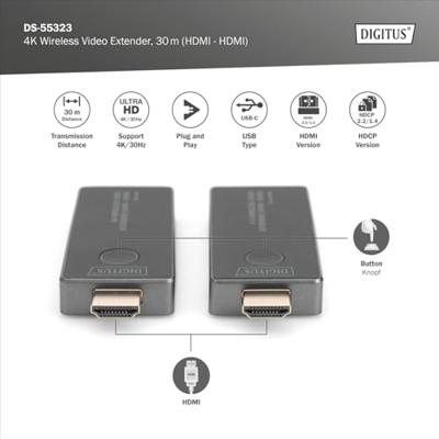 Digitus DS-55323 Draadloze HDMI-set 30 m 3840 x 2160 Pixel Geïntegreerde LED-weergave, Mobiele variant Digitus DS-55323 Draadloze HDMI-set 30 m 3840 x 2160 Pixel Geïntegreerde LED-weergave, Mobiele variant