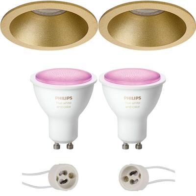 GU10 Inbouwspot Set - Mat Goud - Inbouw Rond - Verdiept - Philips Hue - White and Color Ambiance - Bluetooth - Pragmi Pollon Pro - Ø82mm