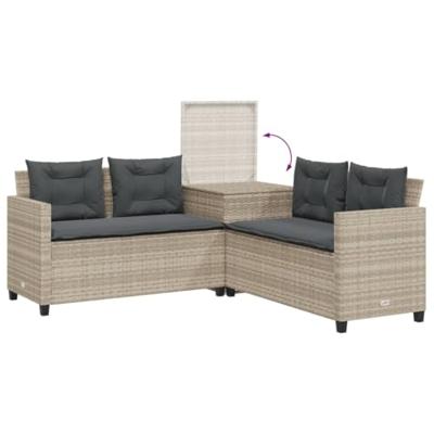Tuinbank met tafel en kussens L-vormig poly rattan lichtgrijs