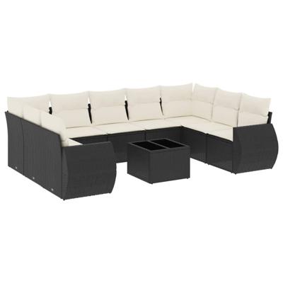 10-delige Loungeset met kussens poly rattan zwart - thumbnail