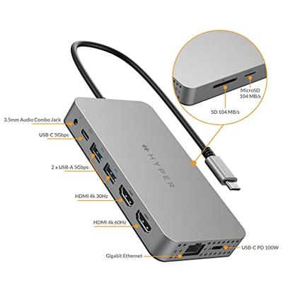 HYPER HDM1H laptop dock & poortreplicator USB 3.2 Gen 1 (3.1 Gen 1) Type-C Roestvrijstaal