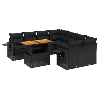 9-delige Loungeset met kussens poly rattan zwart