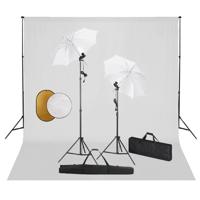 Fotostudioset met lampen, paraplu's, achtergrond en reflector - thumbnail