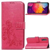 Lucky klaver geperst bloemen patroon lederen case voor Galaxy A50 met houder & card slots & portemonnee & hand strap (Rose rood) - thumbnail