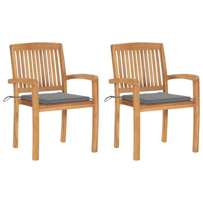 Tuinstoelen 2 st met grijze kussens massief teakhout