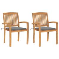 Tuinstoelen 2 st met grijze kussens massief teakhout - thumbnail