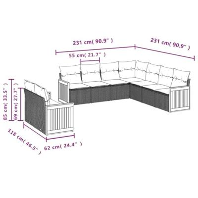 9-delige Loungeset met kussens poly rattan grijs