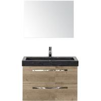 Seville Badmeubelset 80 cm - Natuur Eiken - Wastafel Hardsteen Wit Lucca met Spiegel - thumbnail