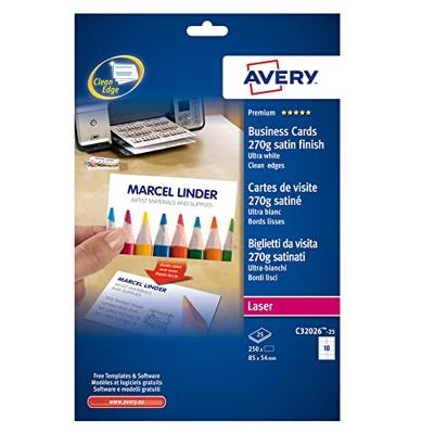 Avery-Zweckform C32026-25 Bedrukbare visitekaarten, gladde kant 85 x 54 mm Ultra-wit 250 stuk(s) Papierformaat: DIN A4 Avery-Zweckform C32026-25 Bedrukbare visitekaarten, gladde kant 85 x 54 mm Ultra-wit 250 stuk(s) Papierformaat: DIN A4