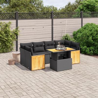7-delige Loungeset met kussens poly rattan zwart