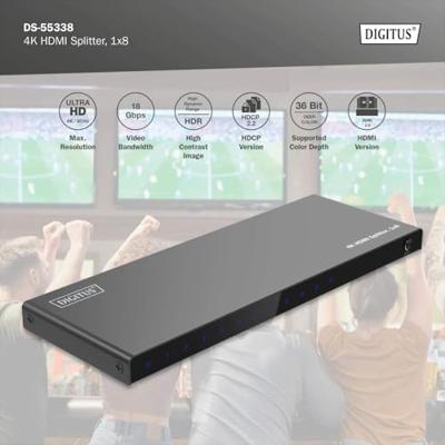 Digitus DS-55338 8 + 1 poorten HDMI-splitter LED-weergave, Met status-LEDs, Met metalen behuizing, Individueel schakelbaar, Ultra HD-geschikt 3840 x 2160 Pixel Digitus DS-55338 8 + 1 poorten HDMI-splitter LED-weergave, Met status-LEDs, Met metalen behuizing, Individueel schakelbaar, Ultra HD-geschikt 3840 x 2160 Pixel
