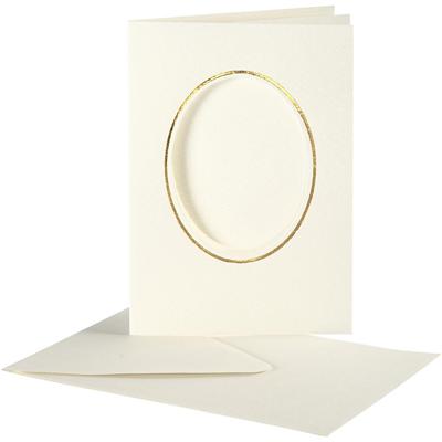 Creativ Company Passepartout kaarten , ovaal met gouden rand, afmeting kaart 10,5x15 cm, afmeting envelop 11,5x16,5 cm, off-white, 10 set/ 1 doos