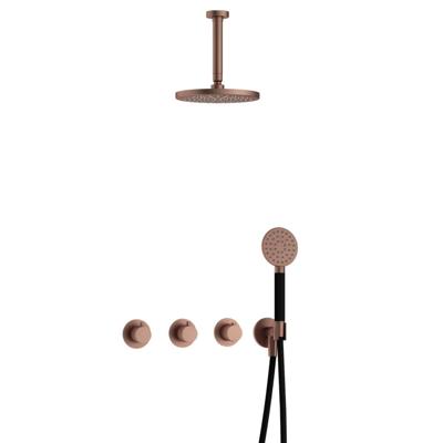 Hotbath Cobber - CB7067 - Inbouw Regendoucheset - Geborsteld Koper PVD - 2 Stopkranen - Thermostatisch - Plafondbuis 15 cm - Hoofddouche 200 mm - Ronde Handdouche 3 Standen - Waterbesparend