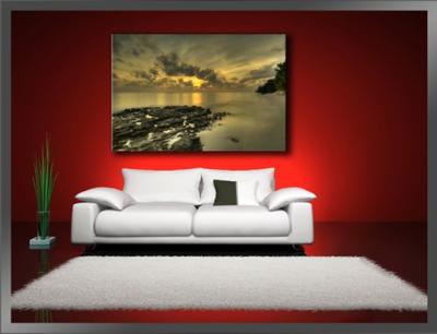 Schilderij met Frame - Stranden zonsondergang achter wolken, 120x80cm, 1 Luik