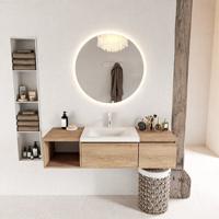 MONDIAZ BUKLA 140cm badmeubel met open module 40 links kleur Washed Oak met 2 lades. Wastafel CLOUD midden 1 kraangat kleur Talc. - thumbnail