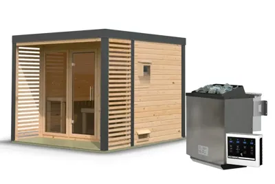 Karibu | Ares 3 Buitensauna | Onbehandeld-Antraciet | Biokachel 9 kW Externe Bediening