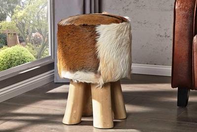 Design kruk HIDE 45cm bruin wit met geitenleer en teak - 35441