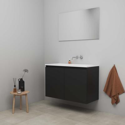 On-Line Badkamermeubelset - 100 cm - Voorgemonteerd - Greeploos 2 Deuren - Acryl Wastafel - zonder Kraangat - Spiegel - Mat Zwart