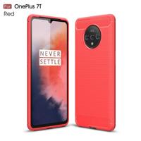 Voor Oneplus 7T geborsteld textuur koolstofvezel TPU case (rood) - thumbnail