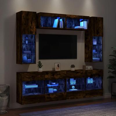 6-delige Tv-wandmeubelset met LED-verlichting gerookt eiken