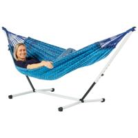 Eenpersoons hangmat met metalen standaard - 300x140cm - Blauw - 120kg draagkracht- 100% katoen - binnen & buiten - thumbnail