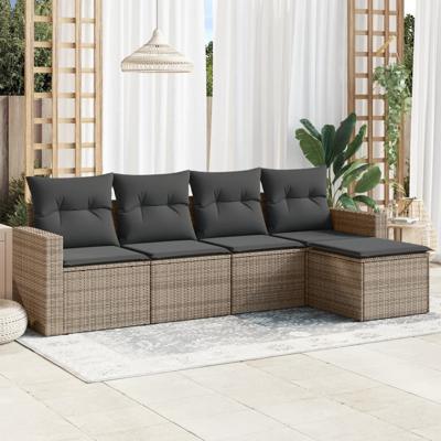5-delige Loungeset met kussens poly rattan grijs - thumbnail