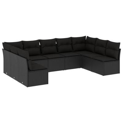 10-delige Loungeset met kussens poly rattan zwart