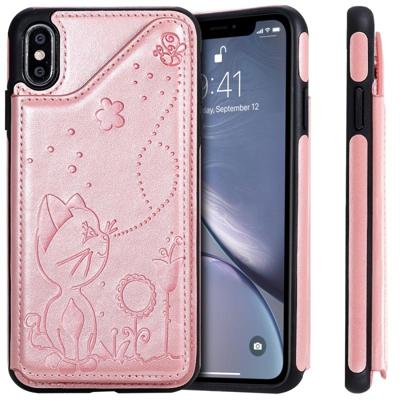 Voor iPhone XS Max kat Bee reliëf patroon schokbestendige beschermende case met kaartsleuven & fotolijstjes (Rose goud) Voor iPhone XS Max kat Bee reliëf patroon schokbestendige beschermende case met kaartsleuven & fotolijstjes (Rose goud)