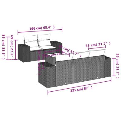 6-delige Loungeset met kussens poly rattan zwart