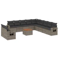12-delige Loungeset met kussens poly rattan grijs - thumbnail