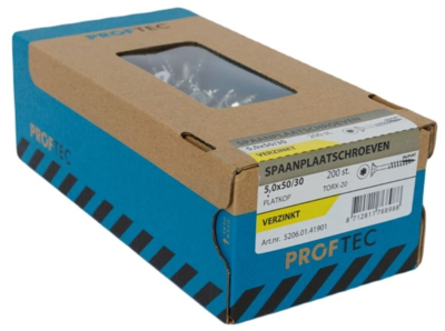Proftec Spaanplaatschroef Vz Pk +Snijpunt Torx TX20 (+Bit) 5.0X50/30 | 200 stuks - 5206.01.41901