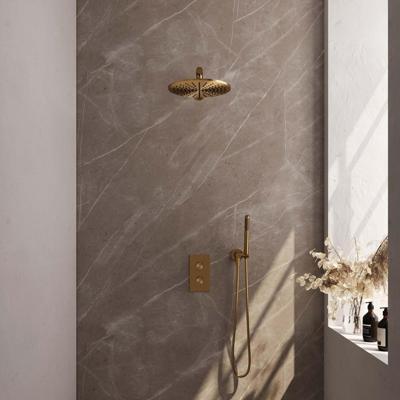 Brauer Gold Edition Thermostatische Regendoucheset Inbouw - Hoofddouche 30 cm - Rechte Wandarm - 3 Weg - Handdouche Staaf - Doucheslang - Wandaansluitbocht - Geborsteld Goud