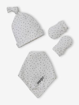 Personaliseerbare gebreide babymuts + wanten + sjaal + tas voor babymeisjes met print ecru Personaliseerbare gebreide babymuts + wanten + sjaal + tas voor babymeisjes met print ecru
