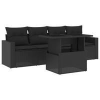 5-delige Loungeset met kussens poly rattan zwart - thumbnail