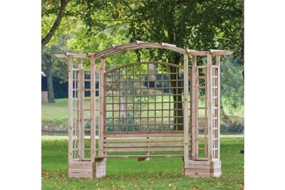 Houten rozenboog met tuinbank en bloembakken 270 x 287 cm