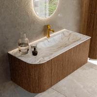 Mondiaz KURVE-DLUX 105 cm Onderkast Greeploos 1 Lade Met Deuren Walnut, Wastafel Solid Surface Rechts Glace 1 Kraangat Zonder Spiegel (KRVBGS105L1L1D1KR-Wal/Gla) - thumbnail
