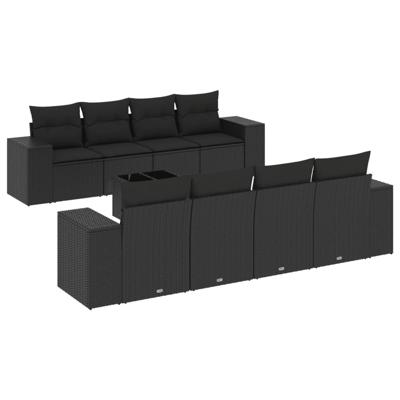 9-delige Loungeset met kussens poly rattan zwart