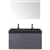 Dante Badmeubelset 100 cm - Beton Antrac - Wastafel Hardsteen Wit Lucca 2 Kraangaten met Sence Spiegel - thumbnail