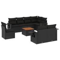 9-delige Loungeset met kussens poly rattan zwart - thumbnail