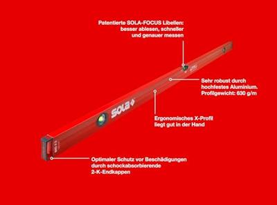 Sola Alu-Waterpas X-profiel BIGX3/120, 120cm 3 libellen 0,50mm/m rood - 01373401 - 01373401