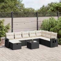 9-delige Loungeset met kussens poly rattan zwart - thumbnail
