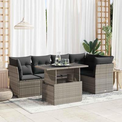 6-delige Loungeset met kussens poly rattan grijs