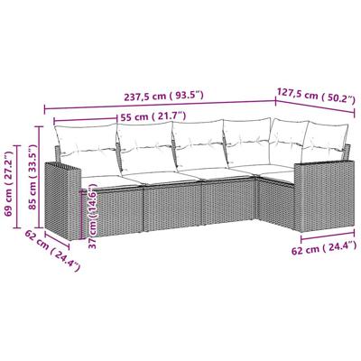 5-delige Loungeset met kussens poly rattan lichtgrijs